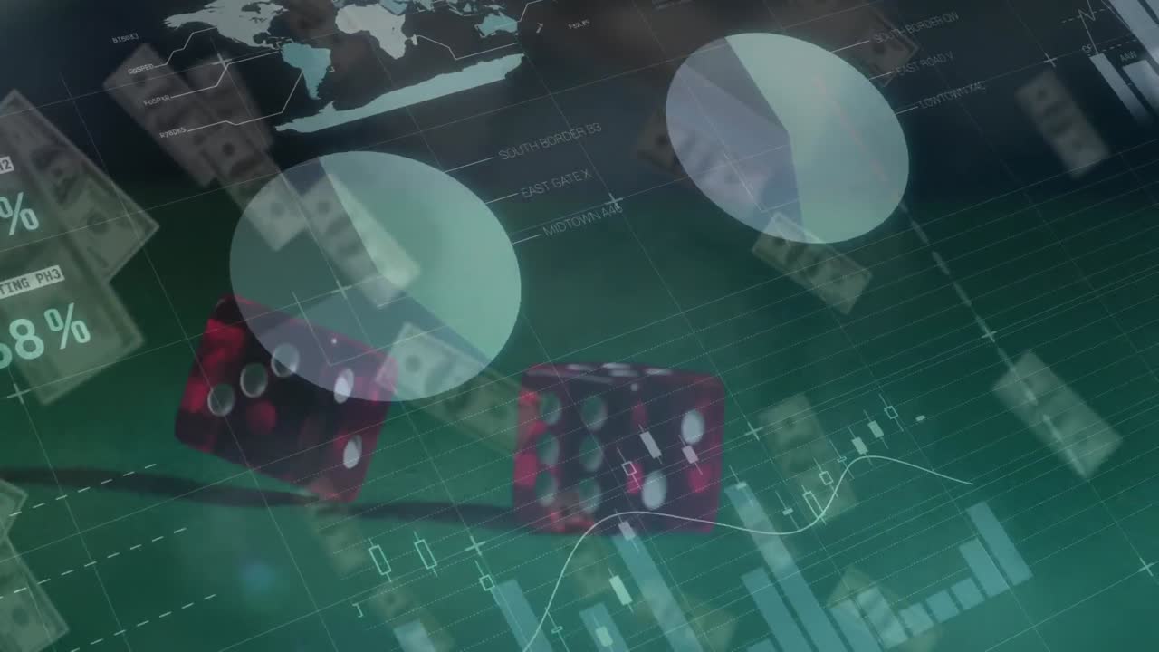 animación del procesamiento de datos financieros sobre dos dados y billetes de dólares estadounidenses en fondo verde