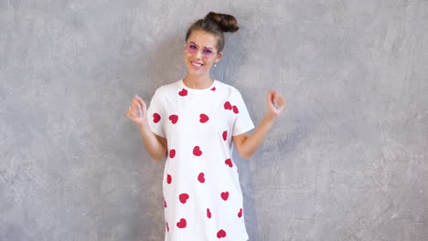 happy woman in a heart pattern dress