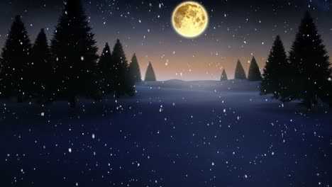 Animation-Von-Schnee,-Der-über-Tannenbäume-Fällt,-Und-Mond-In-Einer-Winterlandschaft