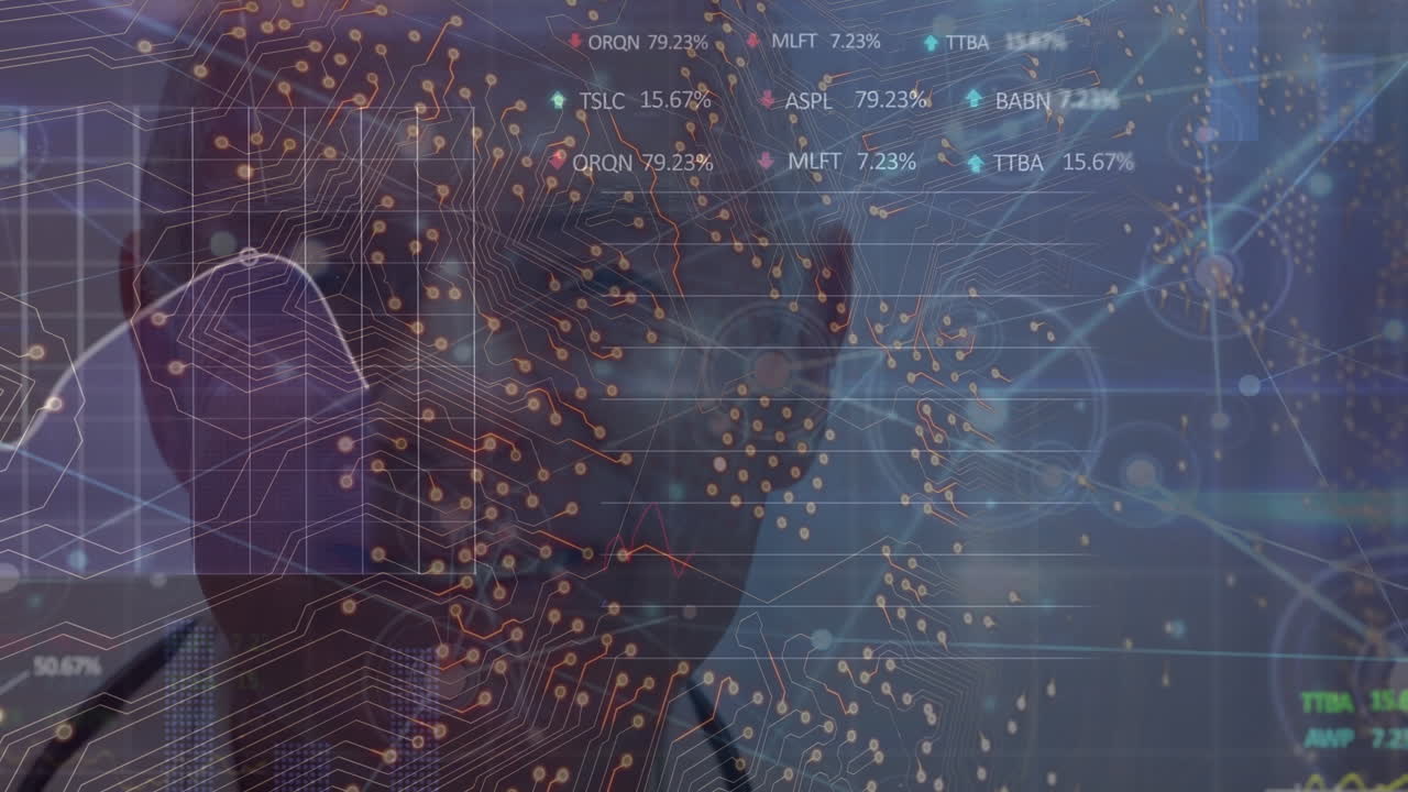 연결 네트워크와 컴퓨터 회로판의 애니메이션 백인 남성 의사