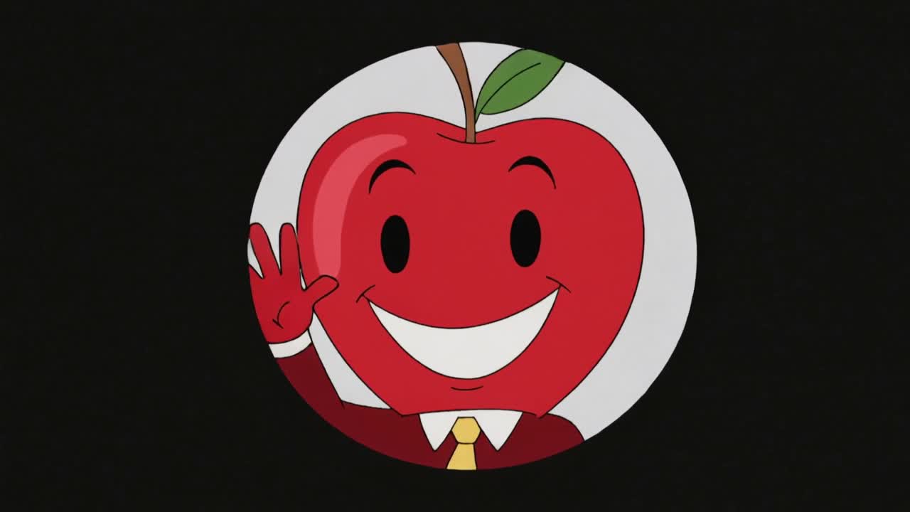 Holofote surge, anfitrião da Apple de casaco bordô acena em um ponto de luz branco, cumprimentando o espectador e recuando.