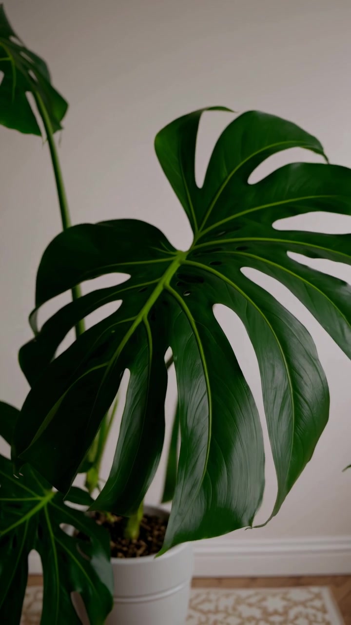 Primo piano di una pianta di Monstera Deliciosa in vaso in una stanza luminosa