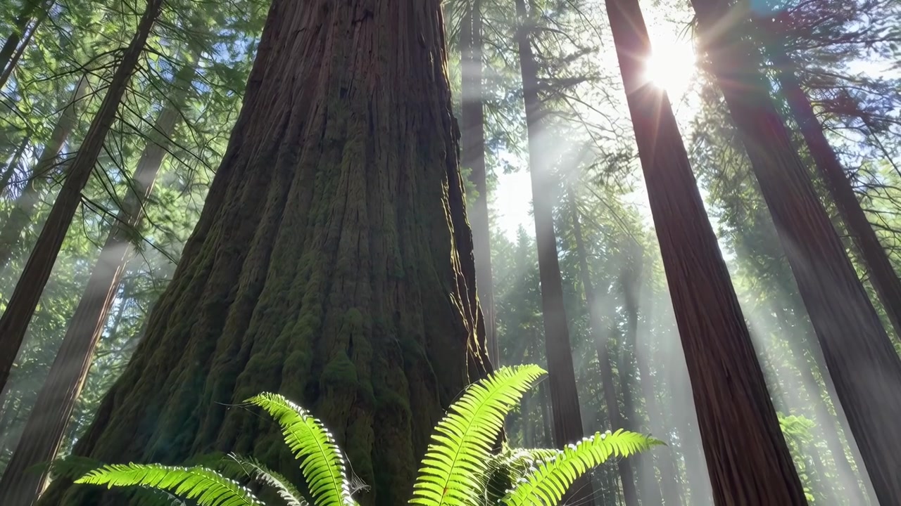 Luce solare che filtra attraverso alberi di sequoia giganti in una foresta