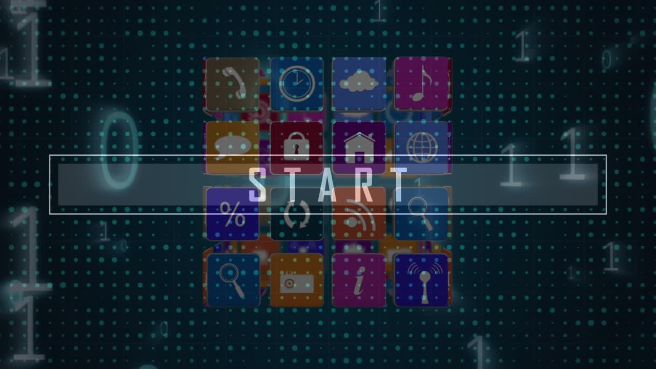 Animation of start and cube with icons over data processing on black background