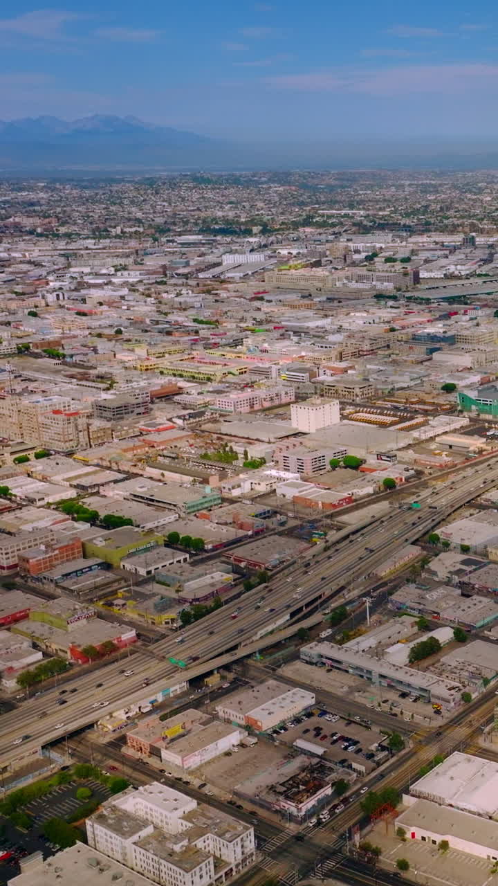Many low buildings in the dense architecture of Los Angeles, California, USA. Beautiful sunny urban landscape with hazy horizon. Vertical video