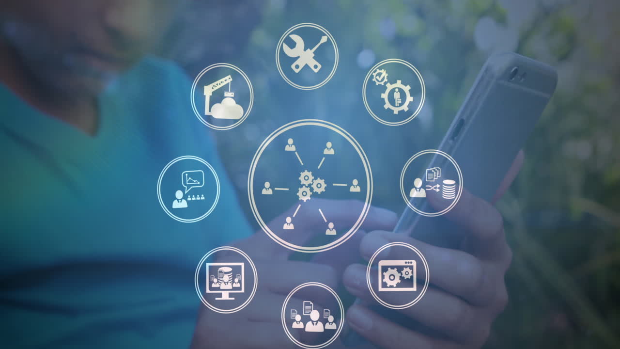 Animation of multiple digital icons spinning over mid section of biracial boy using smartphone