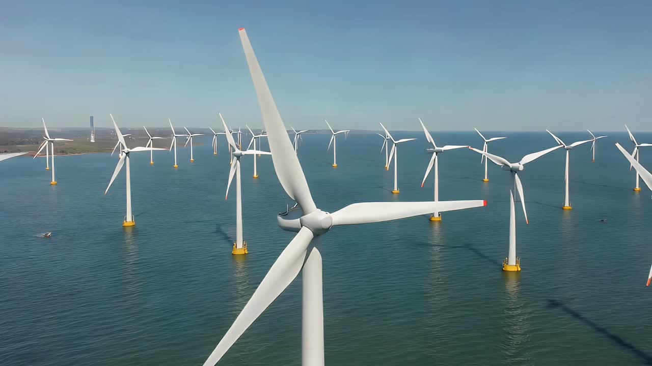 Aerial View of Offshore Wind Farm Generating Clean Energy