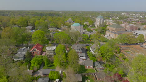 Aerial-over-nice-neighborhood-in-University-City-and-towards-City-Hall