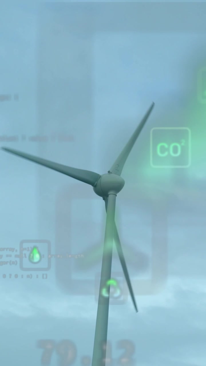 Animazione di icone digitali ed elaborazione dati su turbina eolica