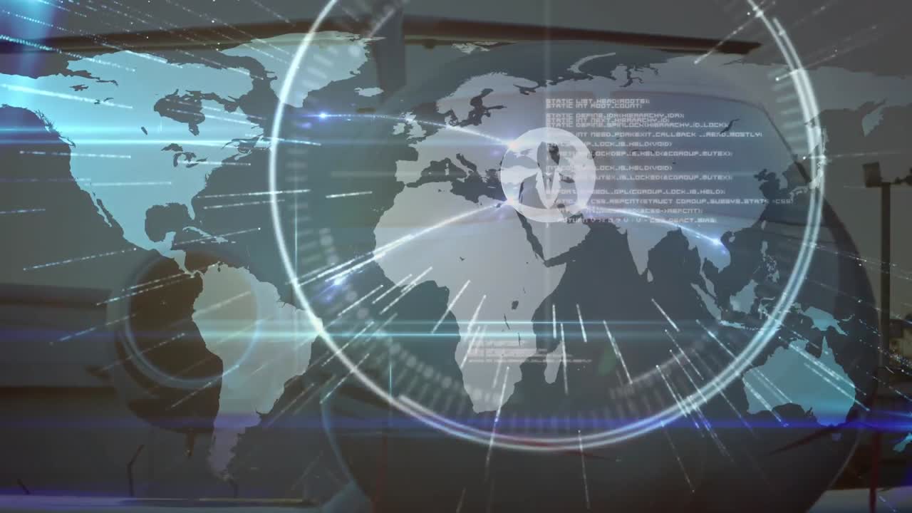 공항 활주로에 있는 개인 제트기에 대한 세계 지도 위의 프로필 아이콘 네트워크