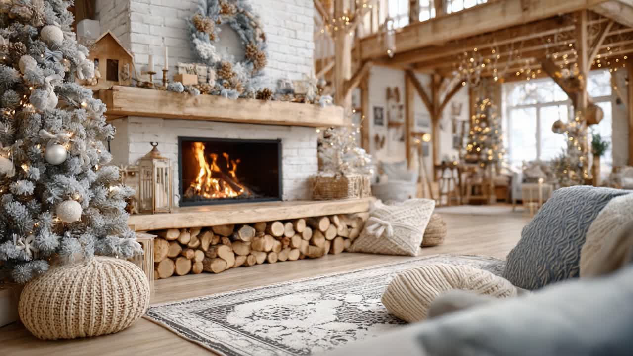 Cozy Holiday Living Room Featuring a Warm Fireplace, Elegant Decorations, and Beautiful Christmas Tree with Festive Atmosphere in a Modern Rustic Style