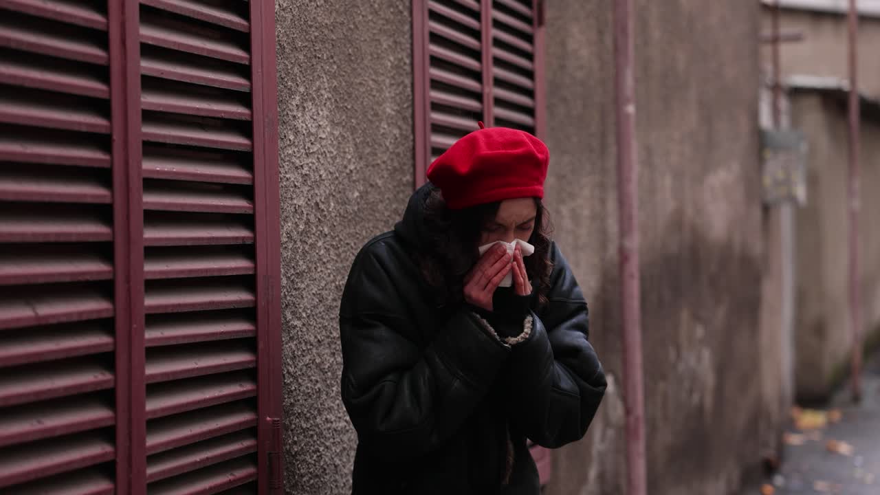 Woman with cold blowing her nose on the street