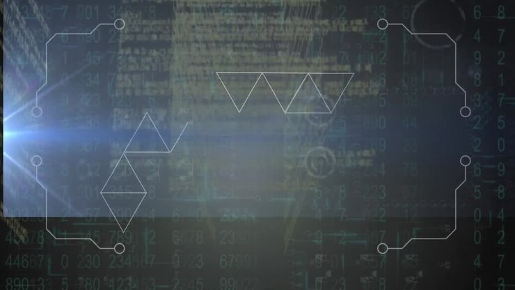 Animation of data processing over glowing computer circuit board