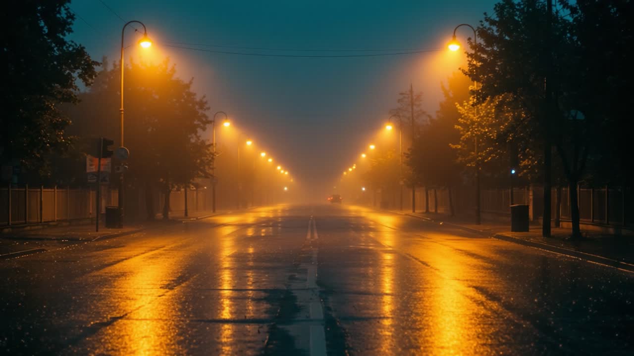 A Serene Vision of a Foggy, Rain-Drenched Street Illuminated by Warm Streetlights, Creating a Mystical Atmosphere in the Heart of the Night