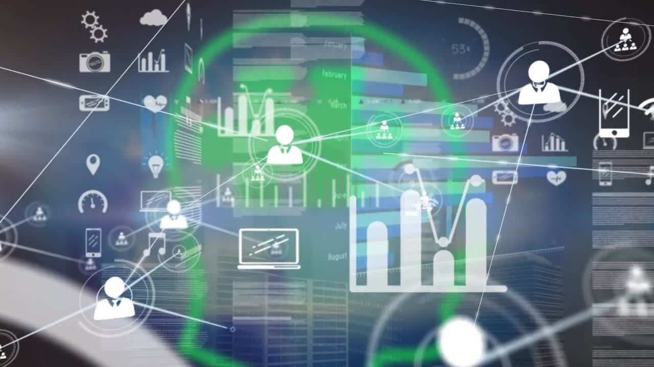 animación de la red de iconos de perfil y pantallas con procesamiento de datos contra un fondo azul