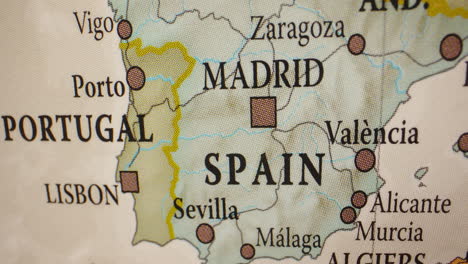 a close-up of a map showing spain and portugal
