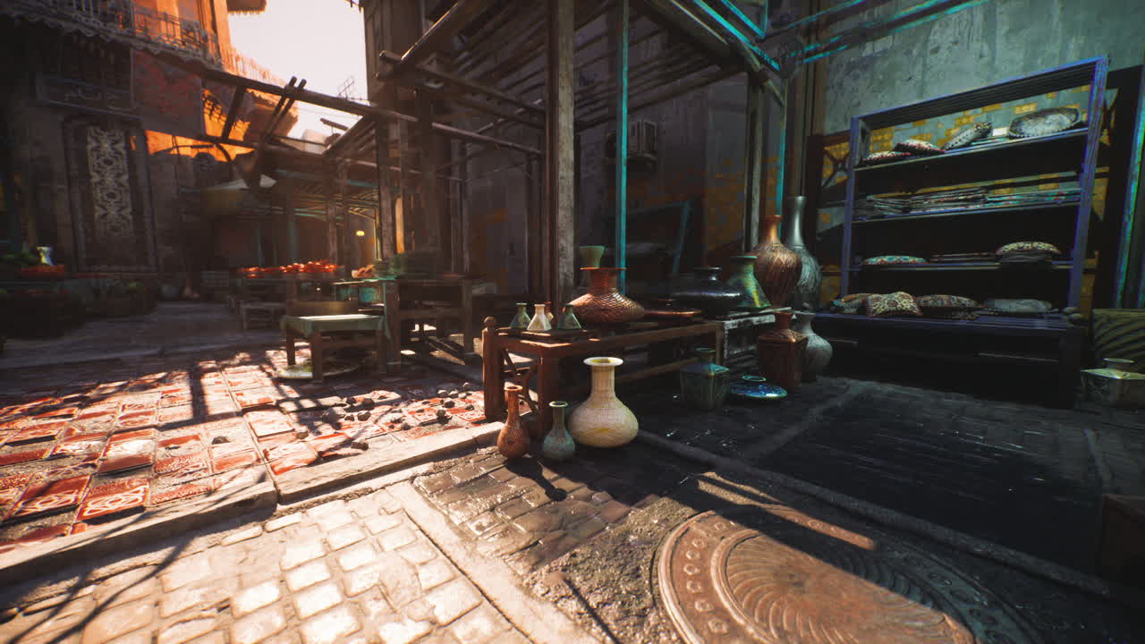 오래된 도시 시장 의 은 거리 에서 선반 과 테이블 에 도자기 를 전시 하고 있다