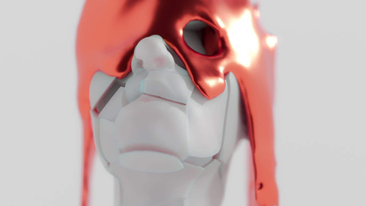 A red liquid metal flows slowly on the sculpture