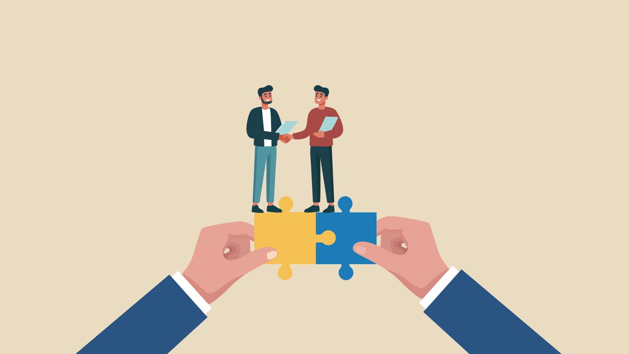 Hands Connecting Puzzle Pieces and Businessmen Shaking Hands