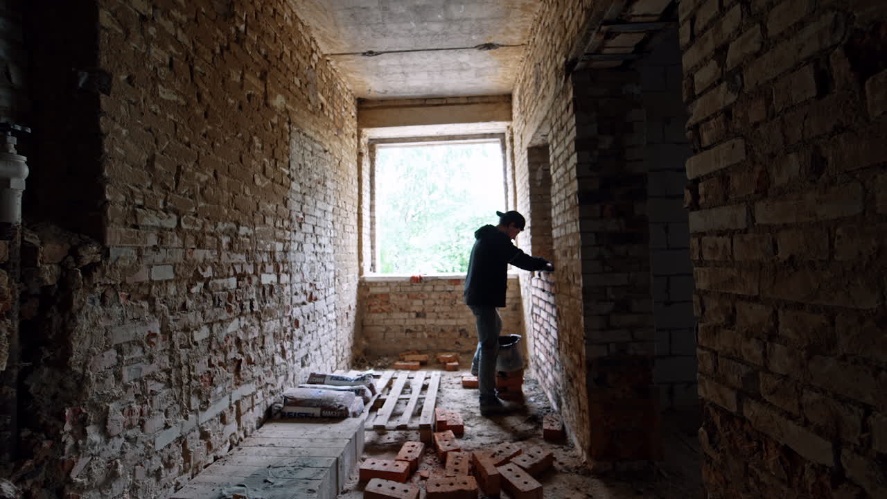 Interior of the old shabby building under reconstruction. Young male builder lays the bricks.