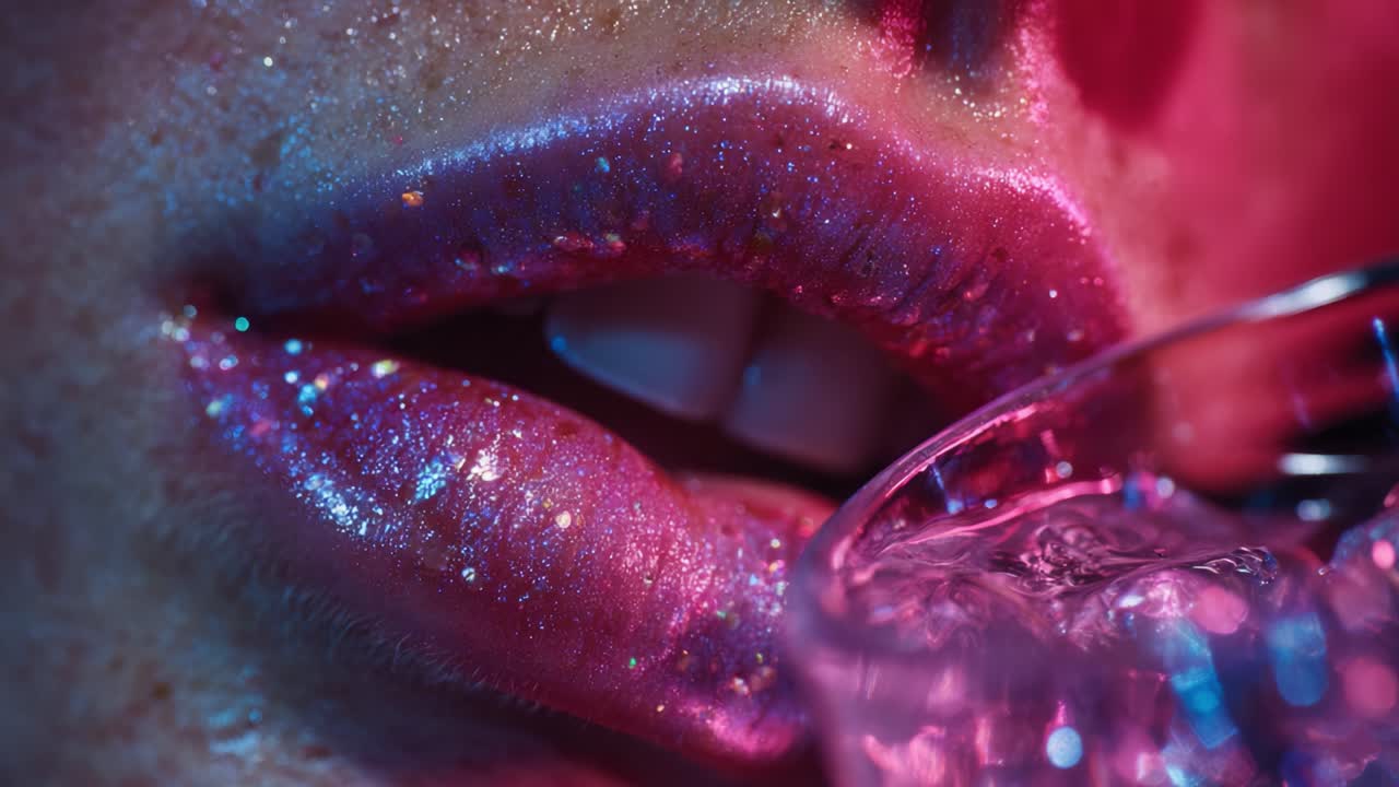 Primo piano di labbra scintillanti con glitter e acqua, catturato in colori vivaci e texture dettagliata per evidenziare il fascino e la bellezza del trucco lucido e dell'idratazione in un'esperienza visiva unica