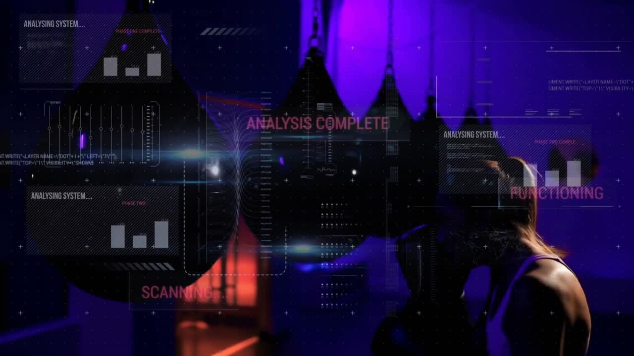 Animation of data processing over caucasian woman boxing in gym