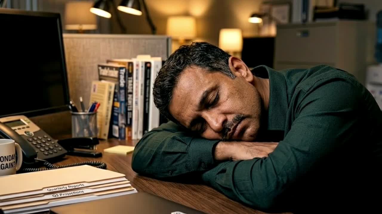 Impiegato d'ufficio addormentato alla scrivania con documenti e tazza di caffè, suggerendo esaurimento e lunghe ore di lavoro