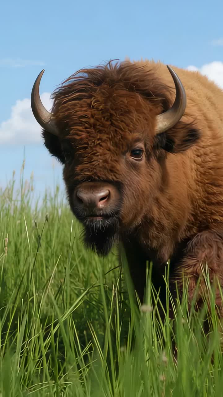 Vertical video: Moving bison starting by lifting leg, crossing meadow with curved horns and hooves