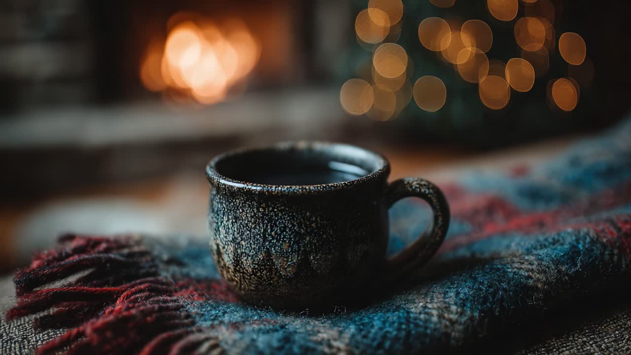Warm and Cozy Scene Featuring a Rustic Mug of Hot Beverage on a Checkered Blanket, Set Against a Glowing Fireplace and Soft Bokeh Lights for a Relaxing Atmosphere