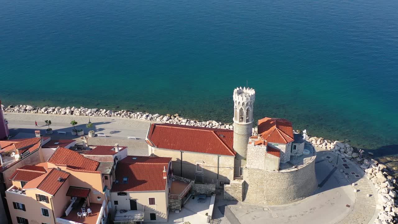 Piran, Slovenia, a little medieval gem of the Adriatic sea. Aerial forward