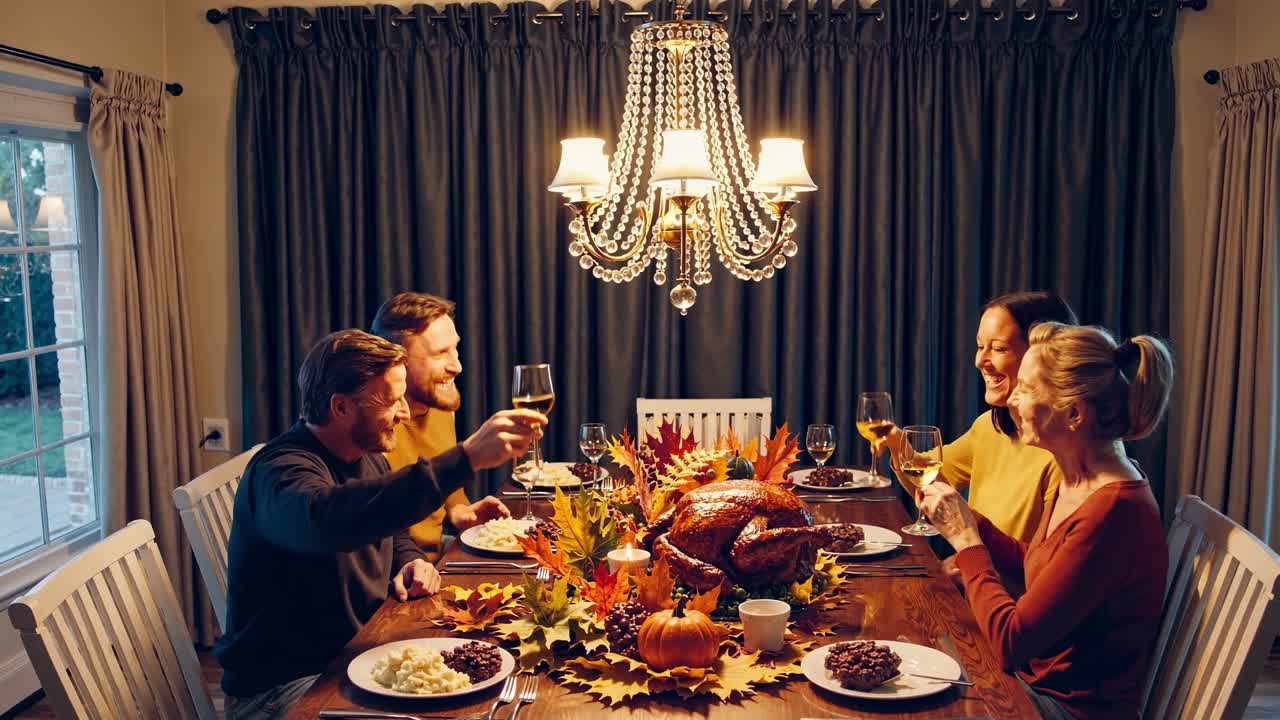 A warm, cozy family dinner scene captured from a high-angle, showcasing a festive table setting