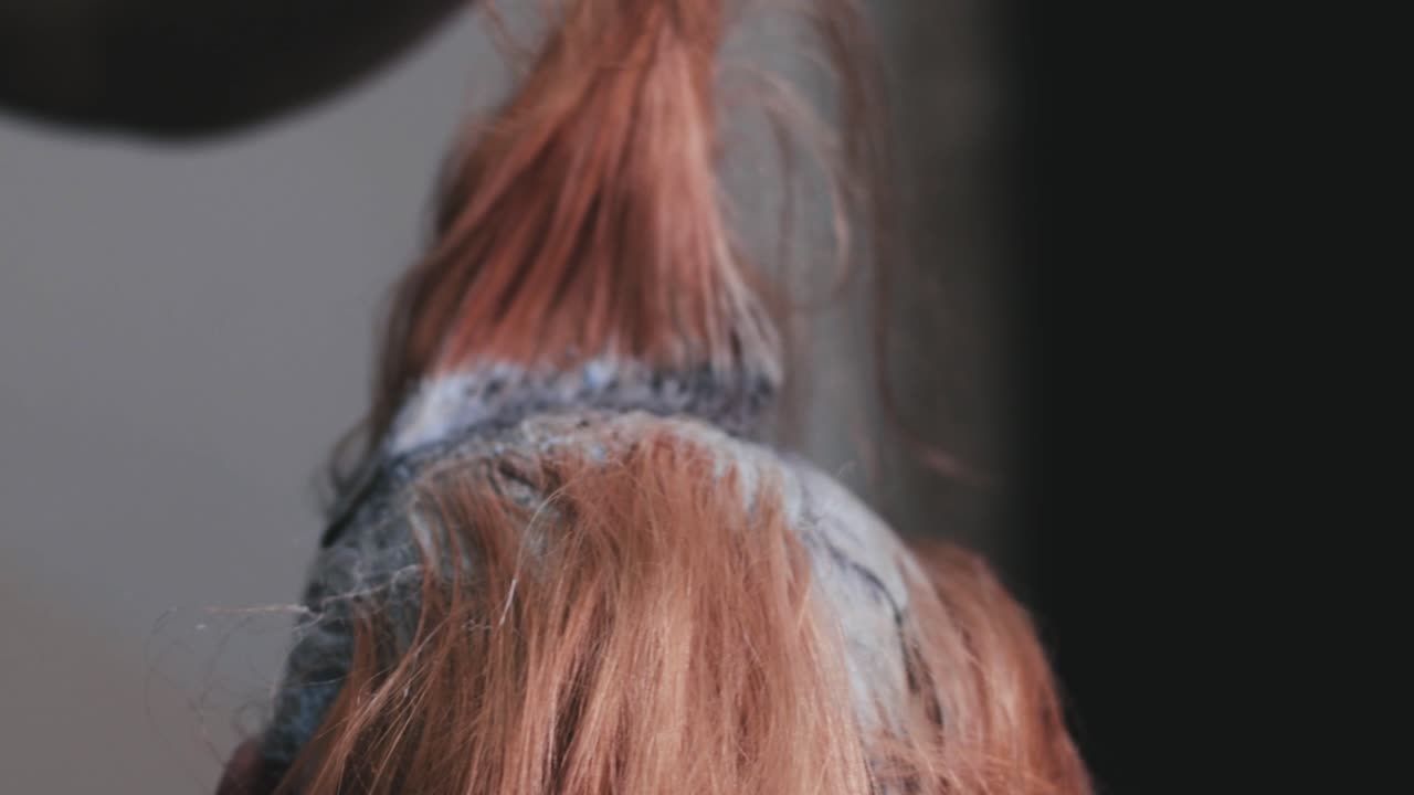 el pelo largo de una clienta está siendo teñido con un cepillo y teñido por una peluquera profesional