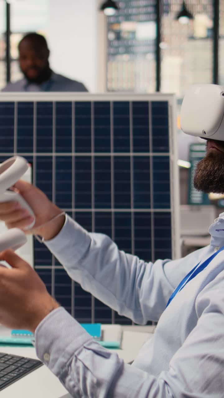 RD department researcher using VR headset to study solar clean energy systems