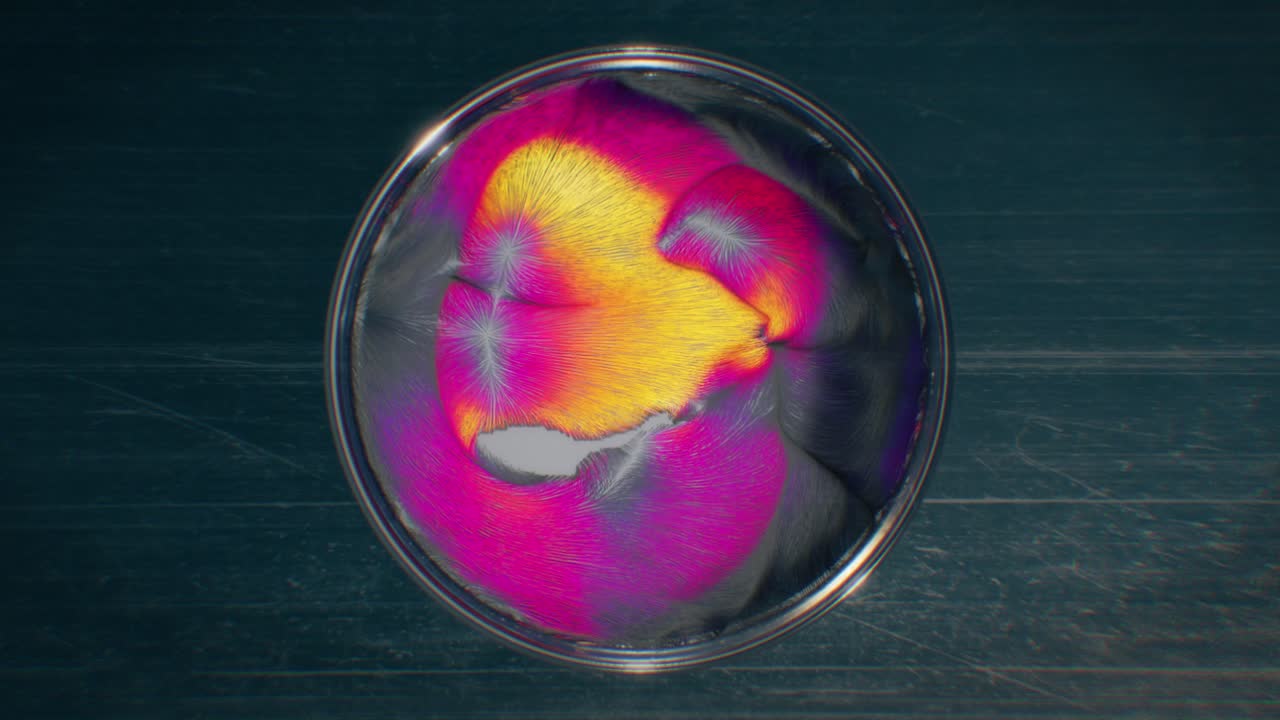 Dynamic top view 3D render of abstract shapes flow in a Petri plate, evolving virus or bacteria experiment in a lab, forming vibrant, hairy cells