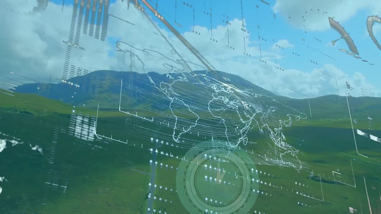 네온 시계의 애니메이션과 산과 함께 풍경에 대한 데이터 처리 인터페이스