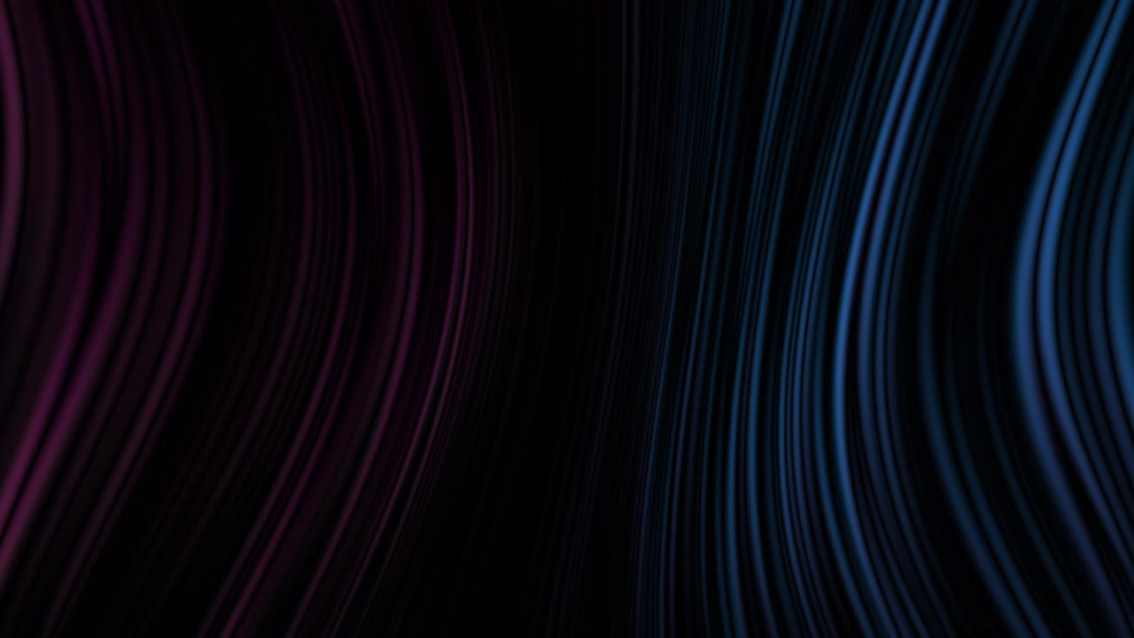 Flowing digital lines and light trails in purple and blue gradient on black background, technology, innovation, dynamic curved patterns, progress, transformation, modern design