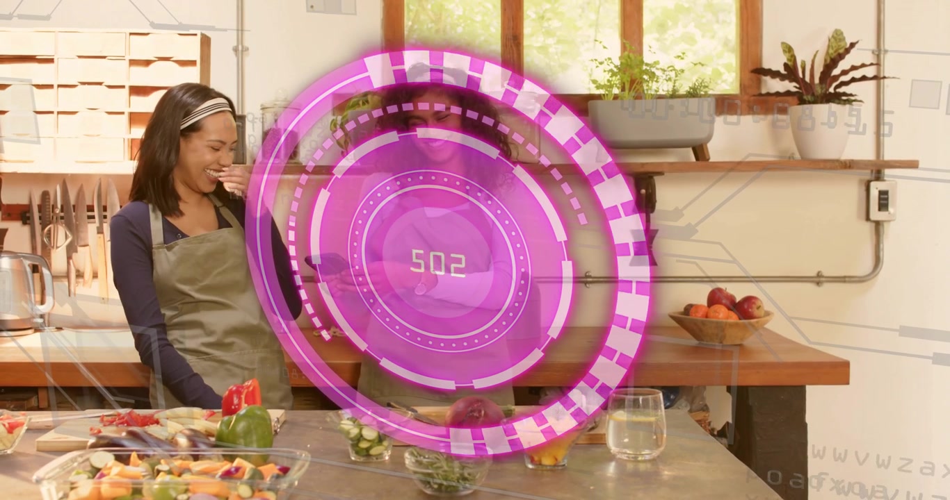 Animated purple circle appearing guiding chef slicing cucumber and assistant tasting salad dressing