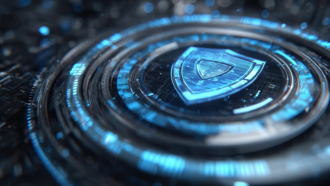 A Stunning Visual Representation of Cybersecurity with a Gleaming Blue Shield and Futuristic Digital Patterns Depicting Protection and Technology Advancements