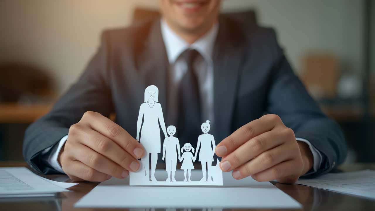Noticing paper family cutout on office desk, man in suit picking and placing cutout upright