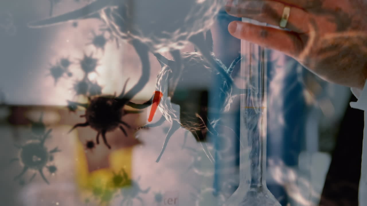 múltiples células de covid-19 flotando contra la sección media del trabajador de la salud que trabaja en el laboratorio