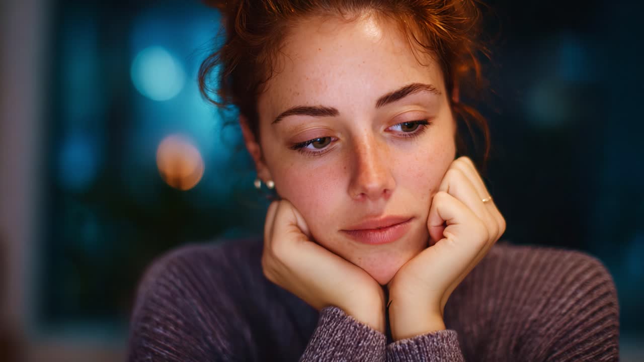 Contemplative Mood: A Young Woman Reflecting Deep Thoughts with a Pensive Expression, Captured in a Serene Indoor Setting with Subtle Lighting and Depth