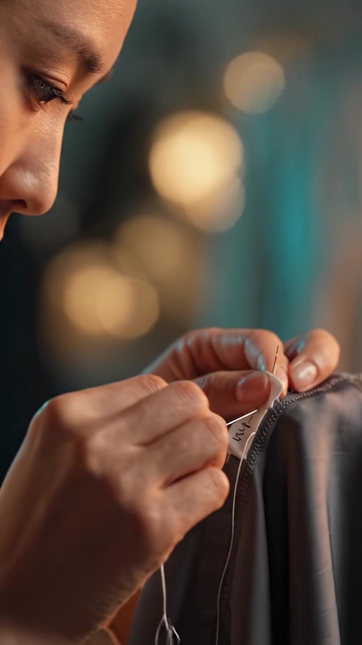 A close-up exploration of a seamstress delicately threading a needle, showcasing the intricate craftsmanship and attention to detail in garment creation.