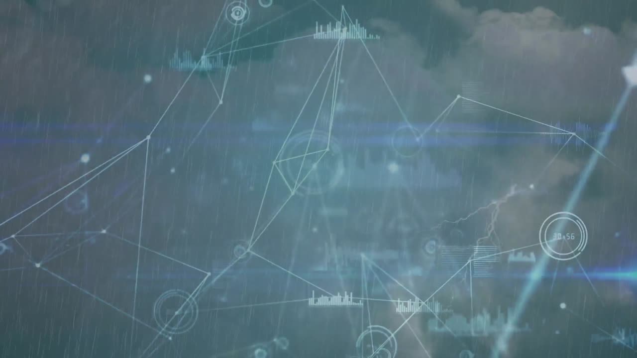 연결 네트워크의 애니메이션과 구름이 가득한 하늘에서의 데이터 처리