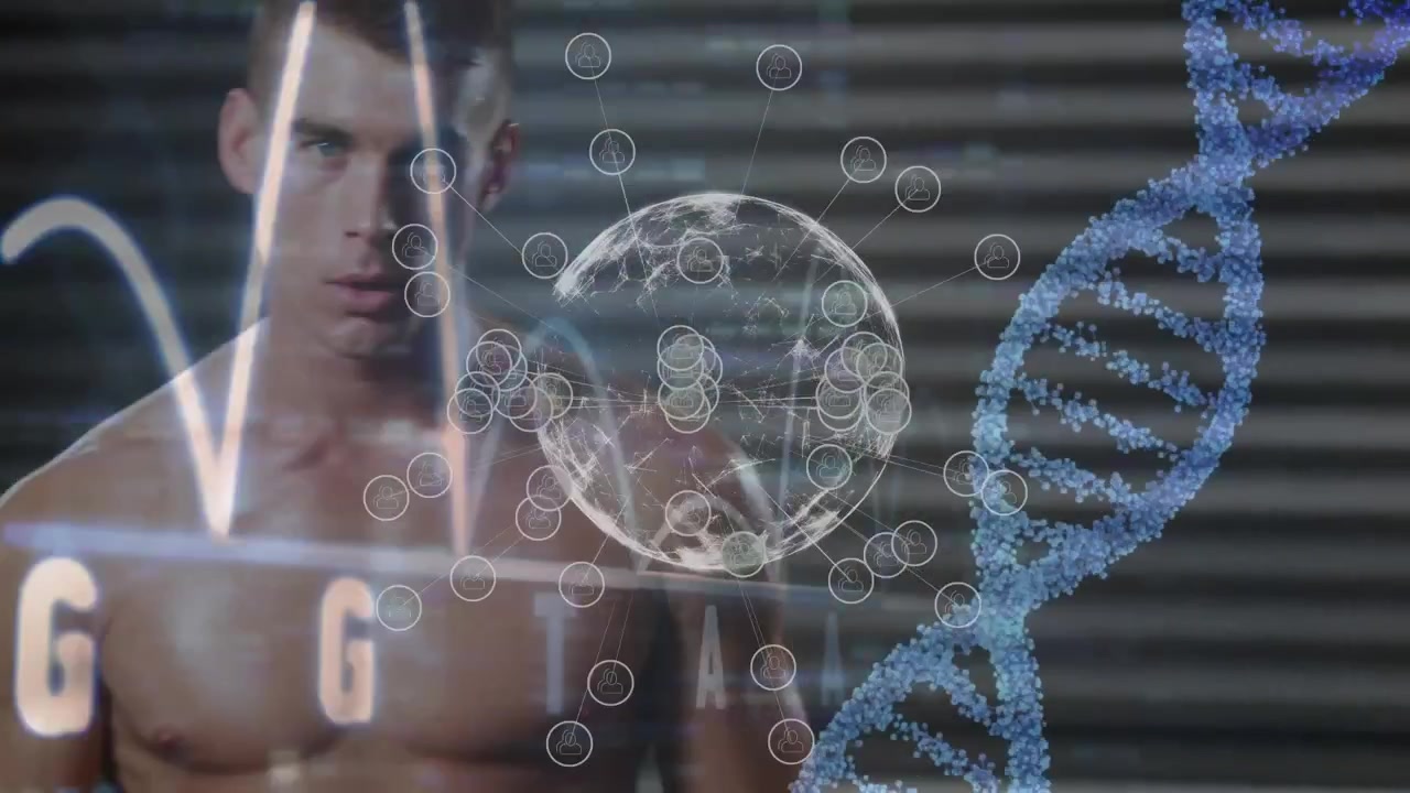 Animazione della struttura del DNA e di un globo che gira sullo sfondo di un pugile maschio caucasico che si allena in palestra.