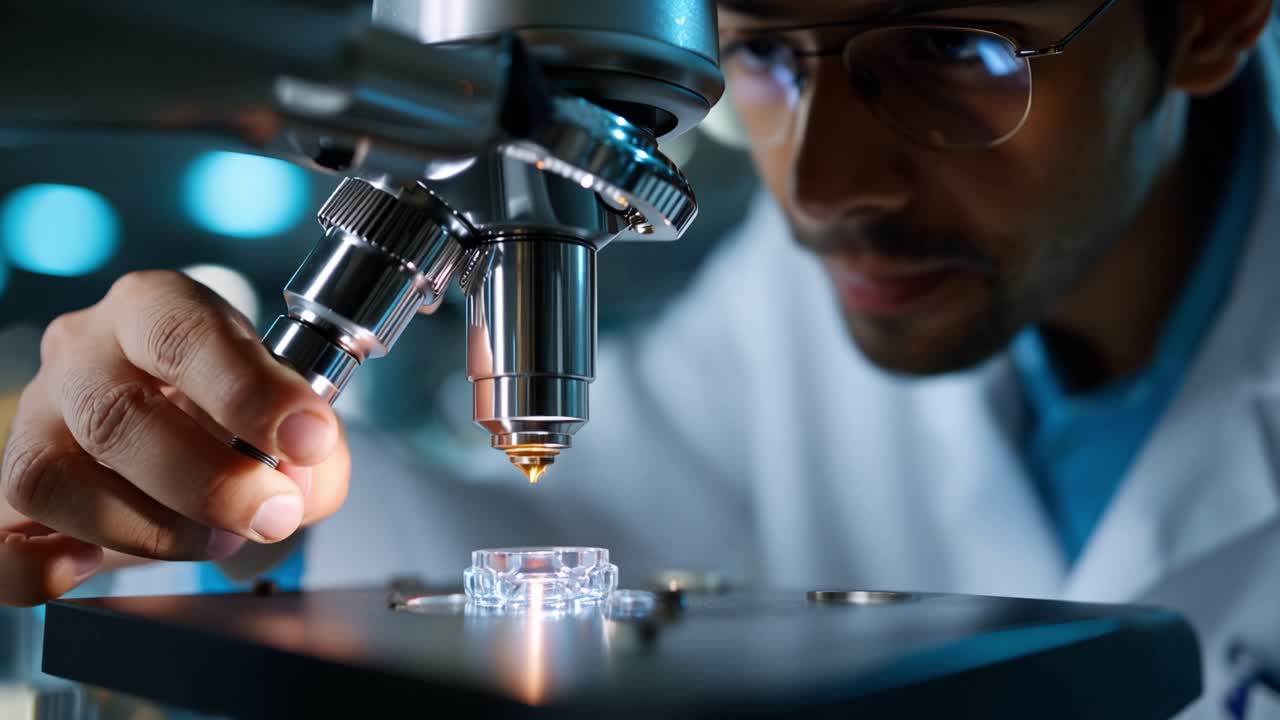 Focused scientist adjusts microscope with care. Hands steady sample under bright light. Dedicated researcher observes through lens. Science discovery captured in quiet concentration