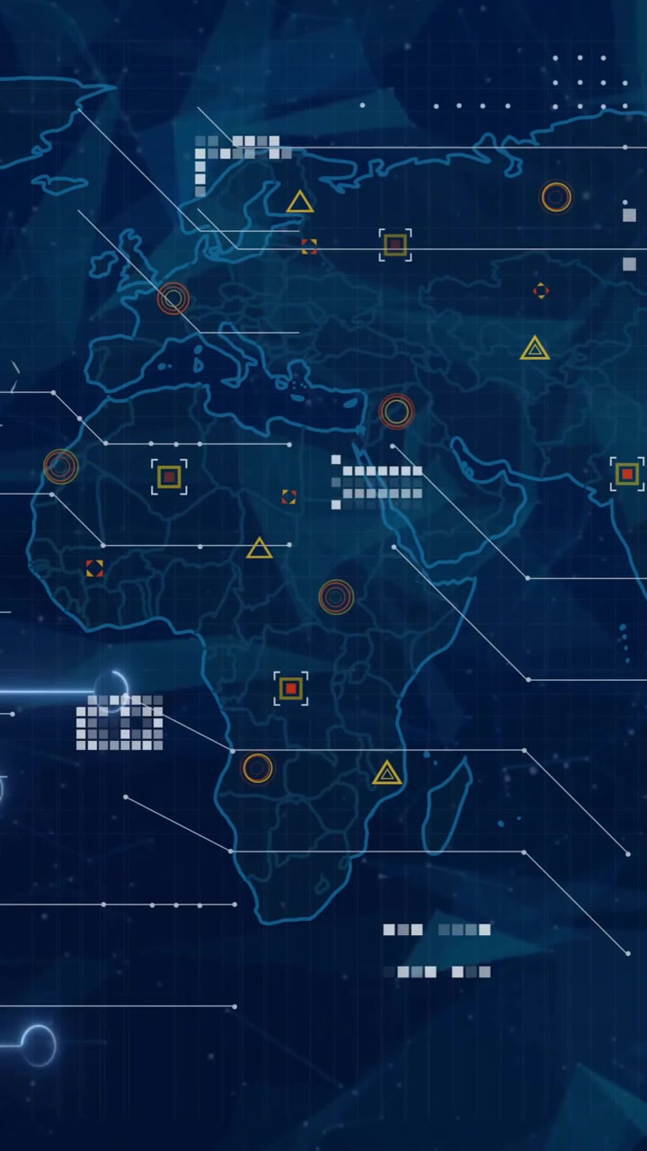 Animation of circuit board, world map and data processing over blue background