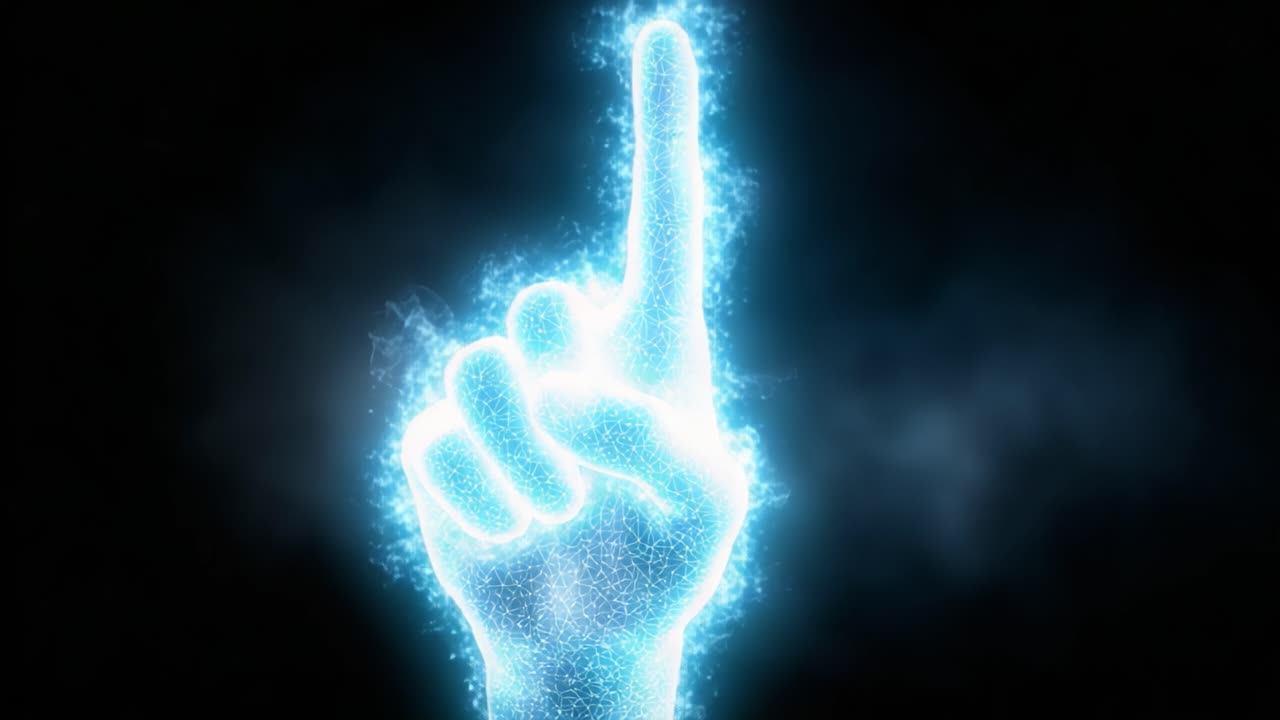 Un gesto luminoso di trionfo: mano illuminata che indica il numero uno su uno sfondo scuro, a rappresentare vittoria ed eccellenza in uno spettacolo visivo unico