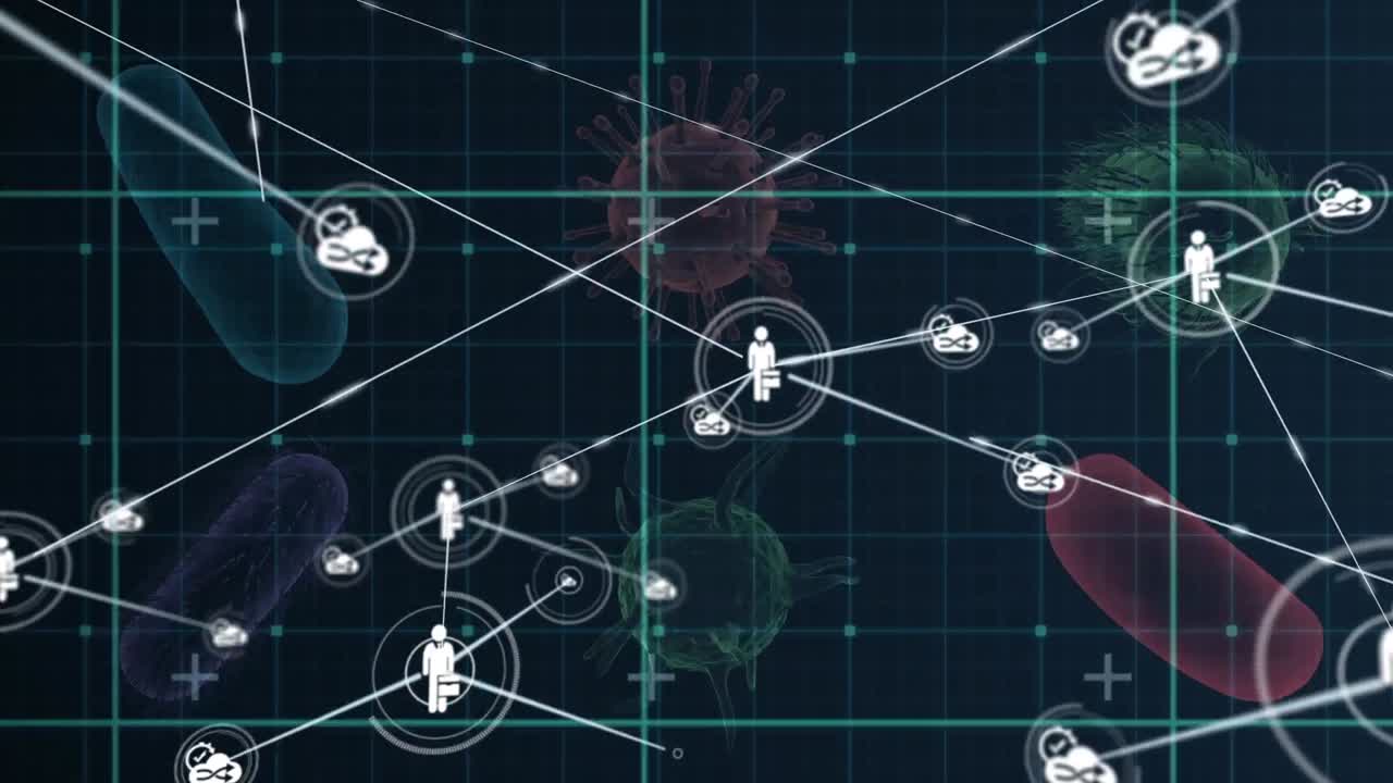 red de iconos de perfil contra la célula de covid-19 y vasos sanguíneos que giran sobre un fondo azul