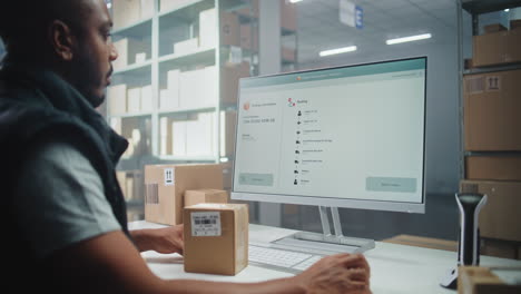 trabajador de almacén que utiliza un sistema informático para el seguimiento y el enrutamiento de paquetes