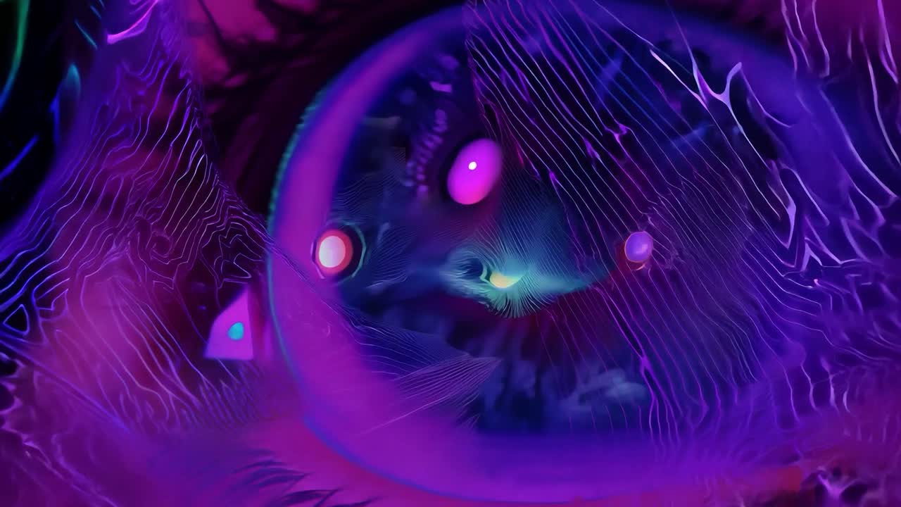 colorido y abstracto de un ojo que revela visiones psicodélicas y patrones vibrantes en un paisaje surrealista